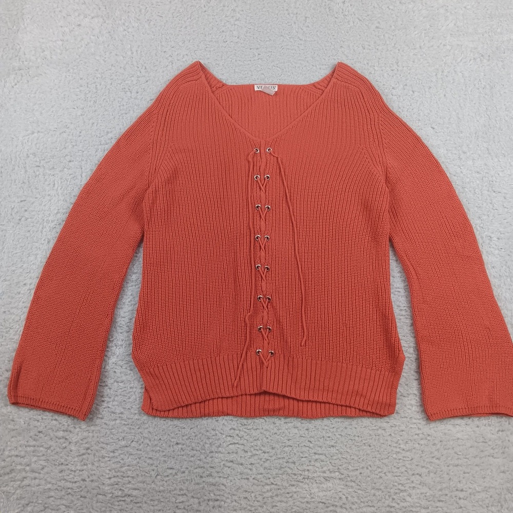 Venus Sweater Pullover Women L Coral Lace Up V-Neck Bell Sleeve Cotton 649337